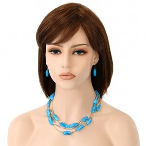 Gold Wire Multi-Row Illusion Blue Beads Necklace With matching Earrings 18+2.5"